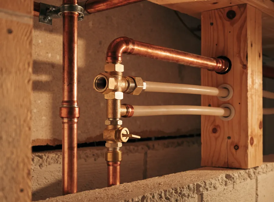 New copper and PEX pipes inside an open wall